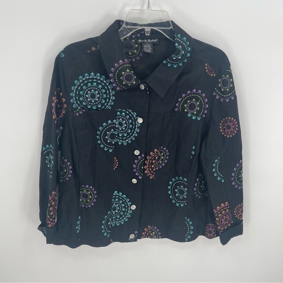 ALEXANDRA BARTLETT 100% Linen Black Embroidered Collared button jacket Size 1X - Picture 9 of 9